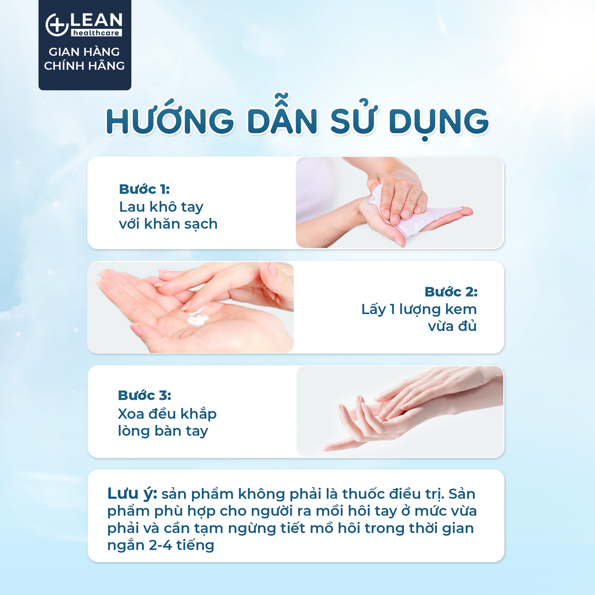 3 bước sử dụng Lean Hand: lau khô tay, lấy lượng vừa đủ, thoa đều lòng bàn tay