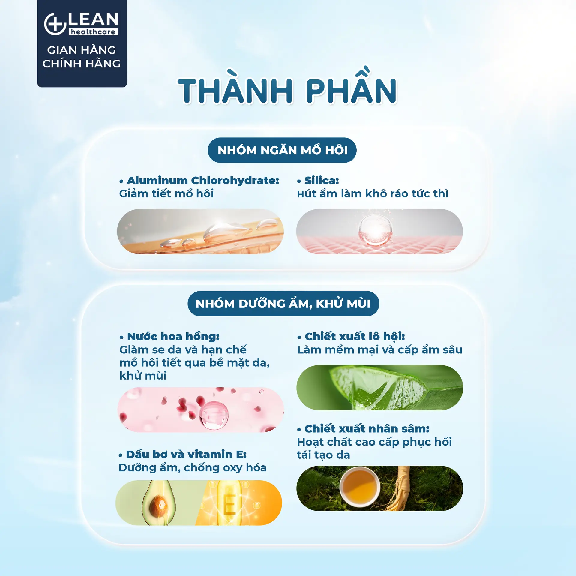 Thành phần Lean Hand: nhóm ngăn mồ hôi và nhóm dưỡng ẩm, khử mùi